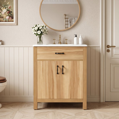 Meuble-lavabo de style ferme moderne de 76 cm (30 po), structure en bois massif et armoire en MDF, lavabo en céramique, bois clair naturel