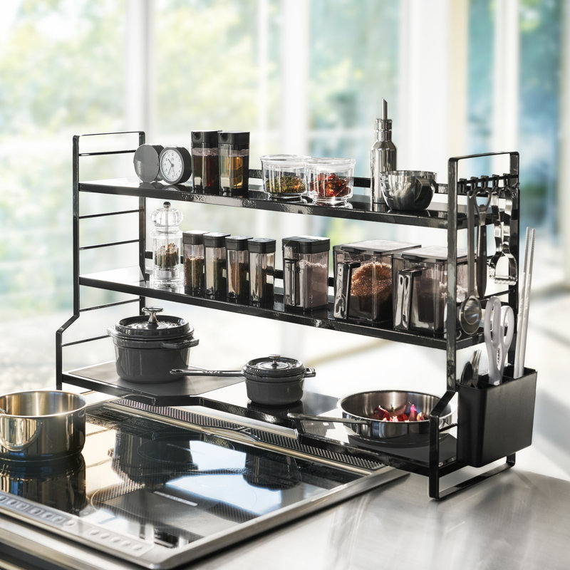 Modern Black Steel Countertop Kitchen Shelf with Gray Trivet Pads