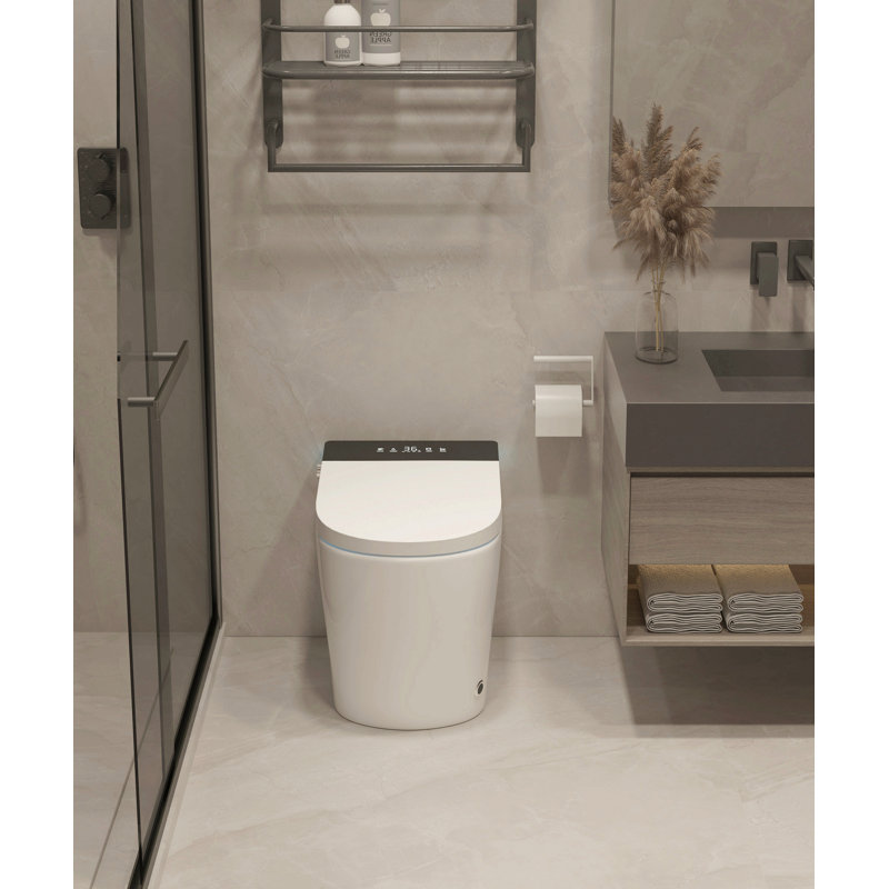 Compact Smart Toilet With Bidet Seat Built-In, Modern Tankless Design With 23.25" Depth, Auto Open Auto Flush, Heated Seat, Instant Warm Air Dryer For Small Bathrooms, White With Black Panel