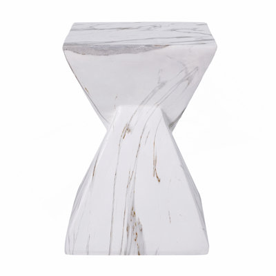 18.5"H Modern Outdoor Concrete Side Table, Patio End Table with Sculptural Fluted Design, Weather-Resistant Geometric Minimalism Accent Table for Garden, Balcony & Poolside, White Marble