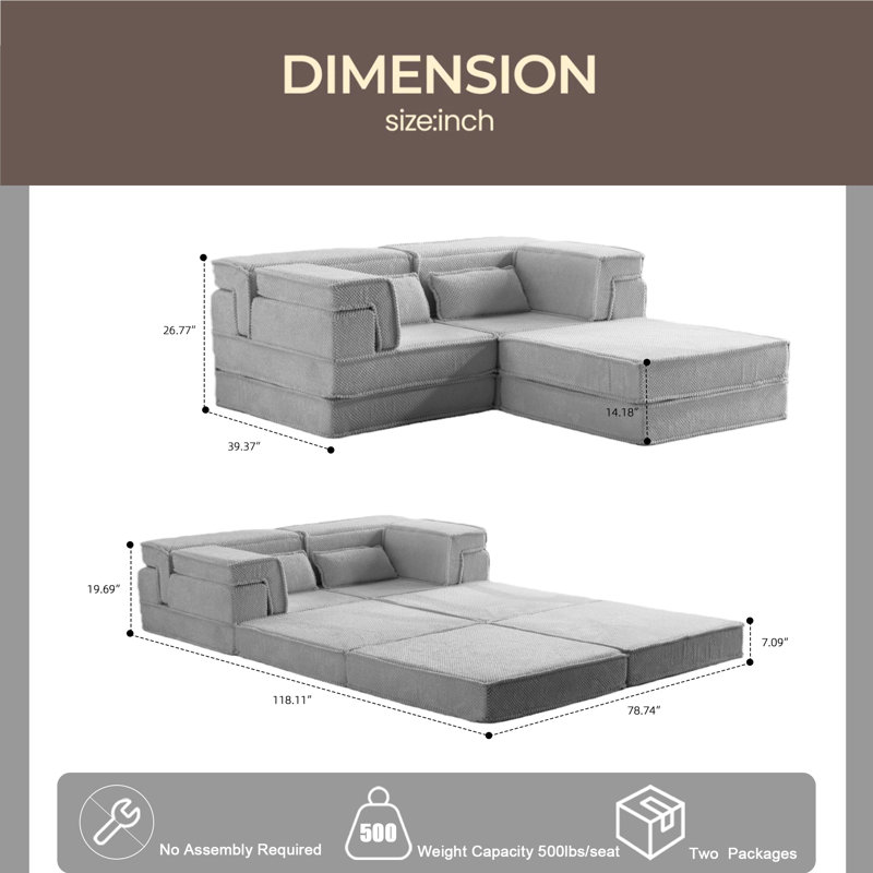 Compression Mahjong Sofa,Convertible Floor Sofa Bed,DIY Boneless Modular Sectional Sofa,No Assembly Required,Circle Fleece Fabric,Oversized 2 Seater With 1 Ottoman