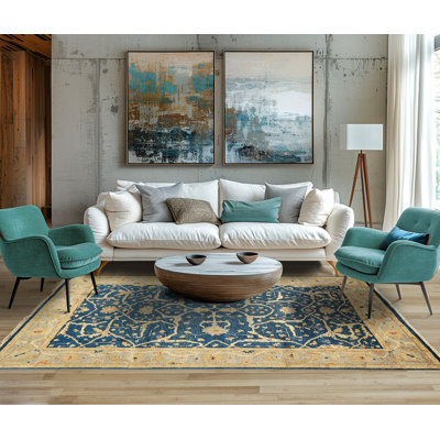 Tapis traditionnel Oushak en laine, noué à la main, couleur ardoise marine, 1,78 m x 2,67 m