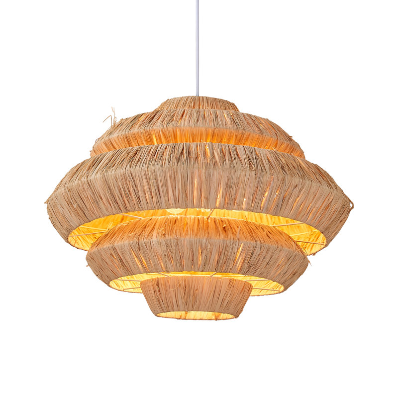 Lustre moderne à 3 lumières avec abat-jour en raphia naturel, finition blanche