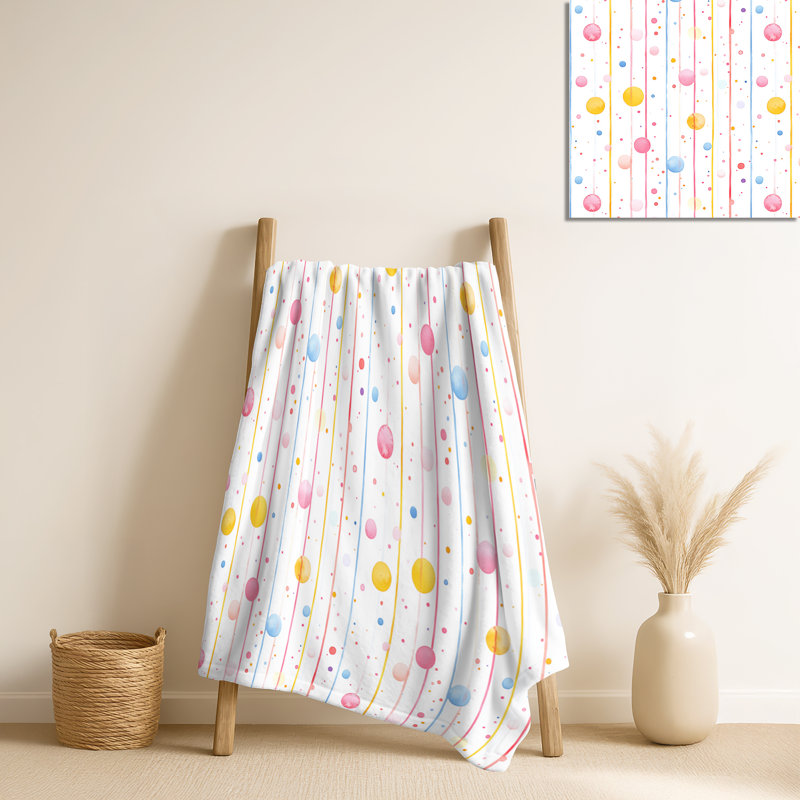 Couverture pour enfant Bubble Lines II - molleton rose abstrait, jeté chaud moderne, Pink/Yellow Dots