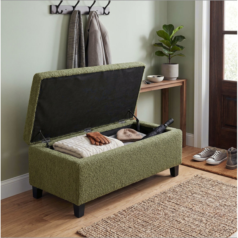 Repose-pieds de rangement avec couvercle rabattable, assemblage facile, tissu bouclé et pieds en bois d'hévéa