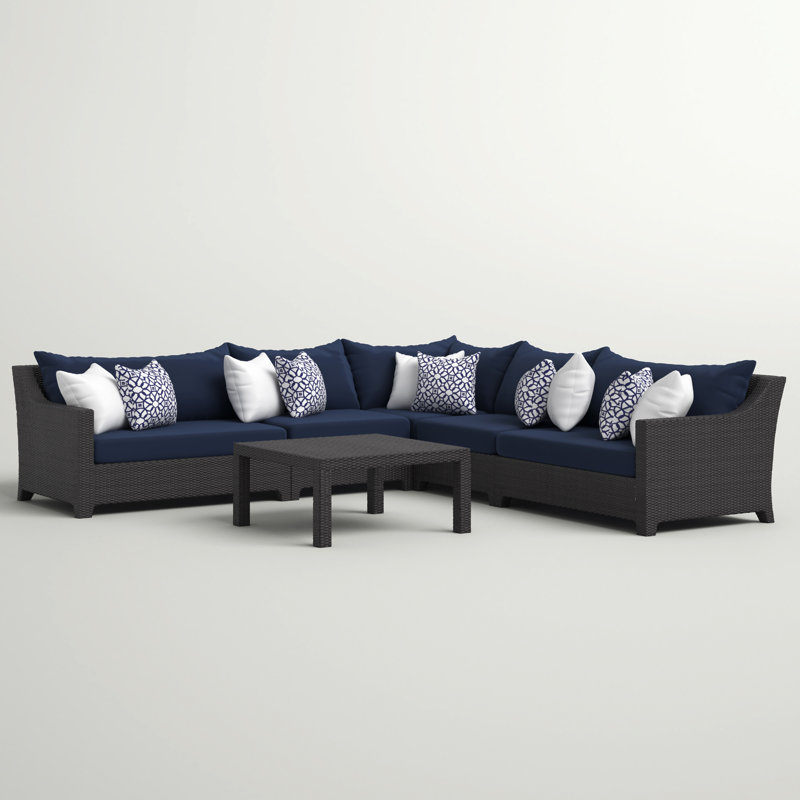 Ensemble de conversation modulaire en rotin de six articles avec housses de coussin Sunbrella, Toile bleu marine Sunbrella®