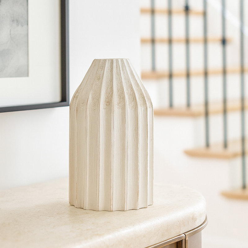 10" Hand-Carved Wooden Vase – Available In Black Or White | Modern Geometric Accent Vase For Table Or Shelf | Sculptural Wood Home Décor