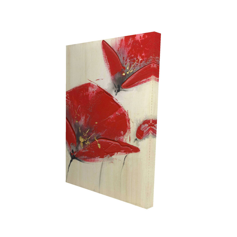 Trois fleurs rouges avec texture - art floral beige sur toile