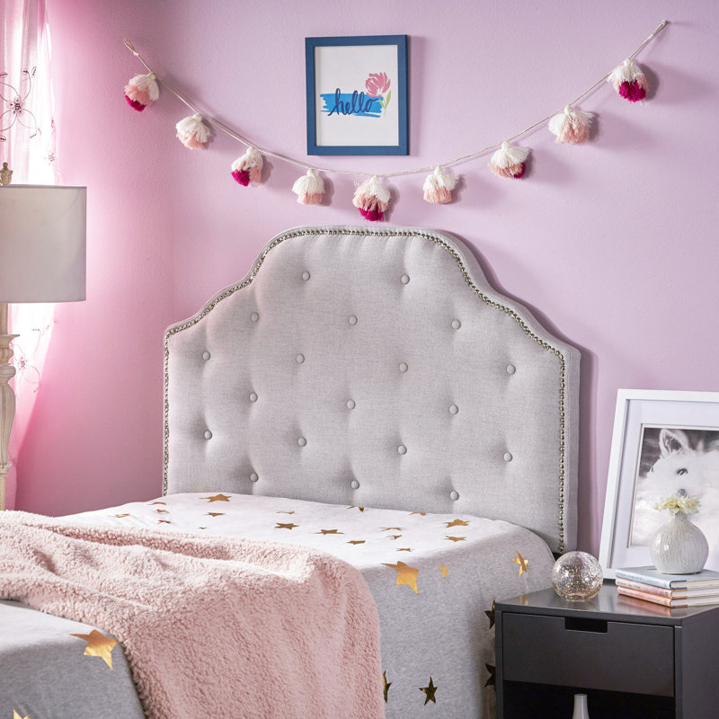 Grey Fabric Twin Headboard With Stylish Diamond Stitch And Nailhead Trim Upholstery Chic Button Tufting Details, Light Gray