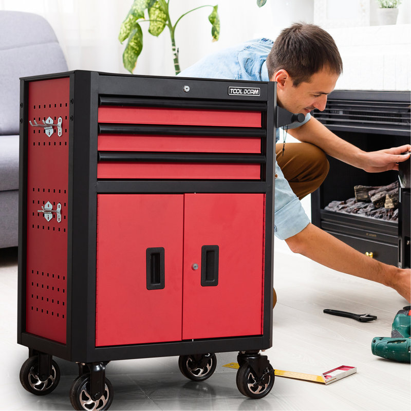 Coffre à outils à roulettes 28 po à 3 tiroirs en acier avec roulettes et serrure à clé