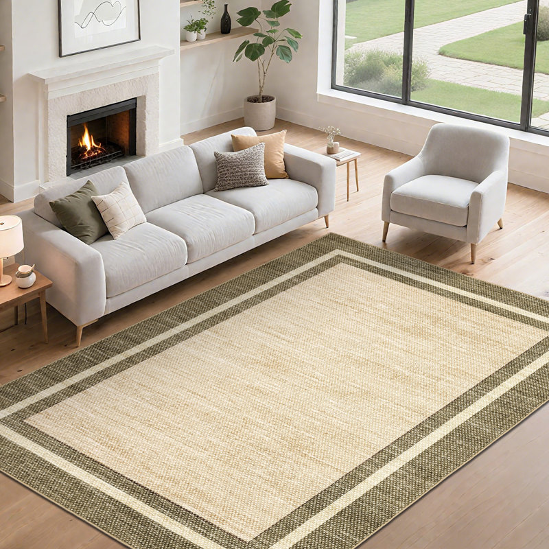Modern Bordered Area Rug Washable Rug for Living Room, Neutral Minimalist Carpet, Soft Thin Low Pile Non Shedding Floor Covering, Indoor Foldable Non Slip Mat for Bedroom