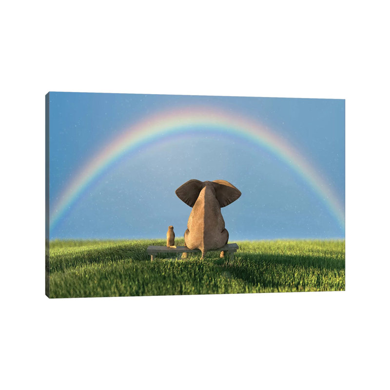 Elephant And Dog Sitting Under The Rainbow On A Green Grass Field by Mike Kiev - Wrapped Canvas Print