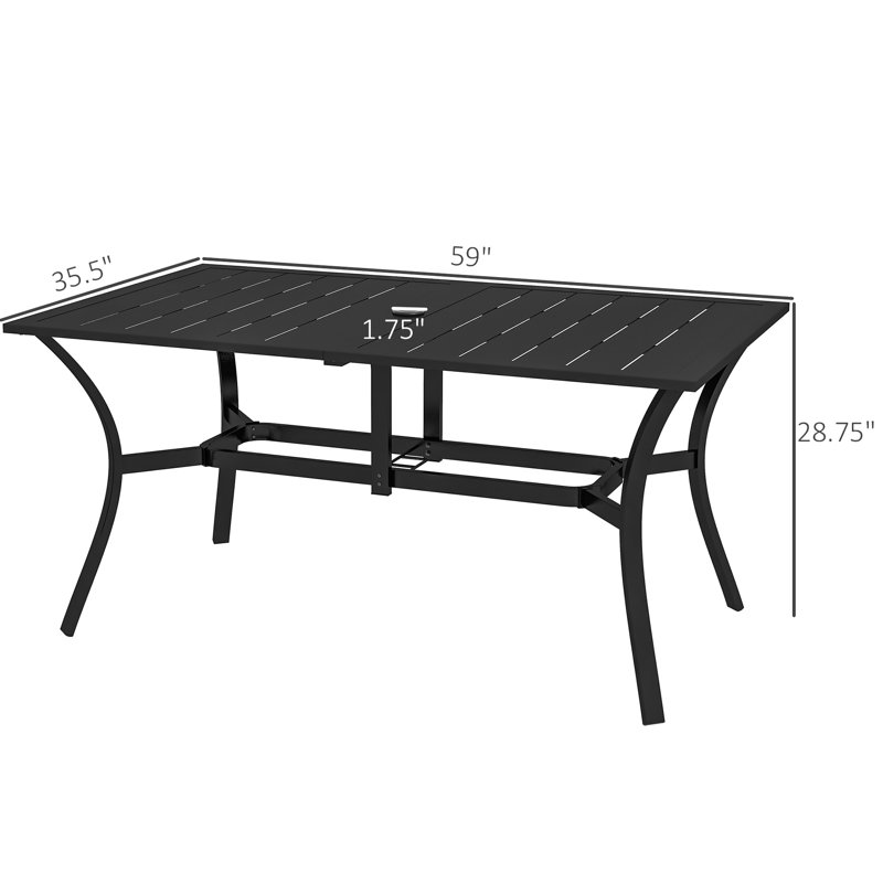 Table de salle à manger rectangulaire pour 6 personnes en acier avec trou pour parasol, patio noir, balcon, 59 po x 35,5 po x 35,5 po