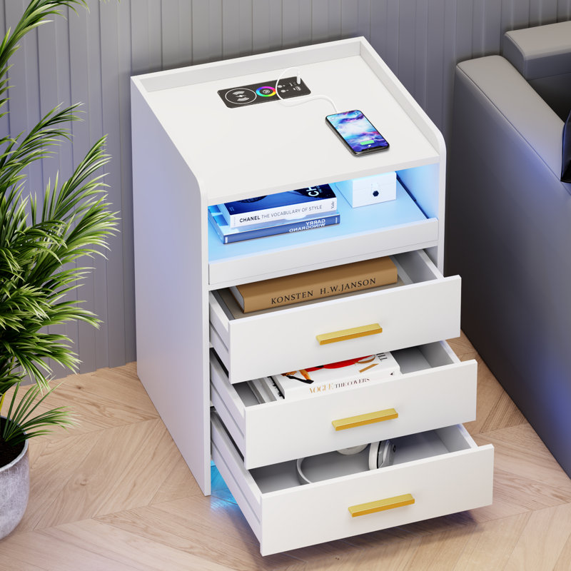 3 Drawers Bedside Table with Charging Station and Led Lights, White