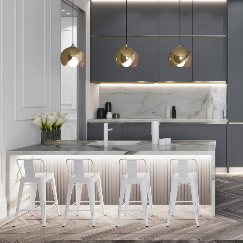 De 2 tabourets de comptoir en métal, 24 pouces, blanc vieilli, dossier confortable pour la cuisine, tabouret de 24 po (2) - Sièges confortables avec dossiers et repose-pieds incurvés, entretoise de construction stable