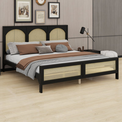 Mid-Century Wood Bed Frame with Rattan Headboard