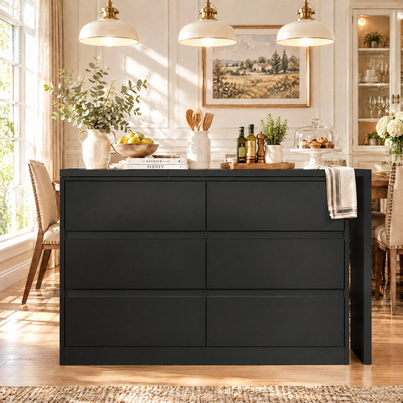 51.2" W Kitchen Island with Rotating Retractable Tabletop, 6 Drawers and Metal Slides, Black