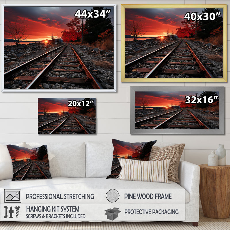 Train, train rouge, paysage I, Cadre flottant doré, H 34 po x l 44 po x P 1,5 po