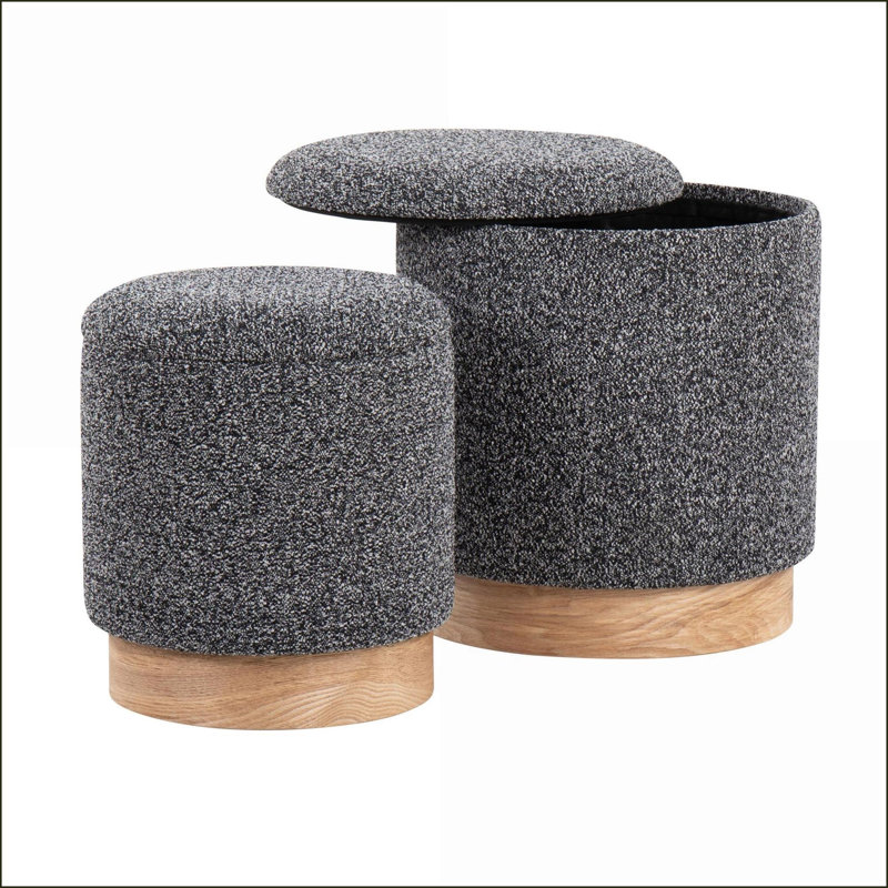 Ensemble de repose-pieds 2 pièces emboîtables avec tissu éponge noir et base en bois naturel | Noyer brun | Bois naturel