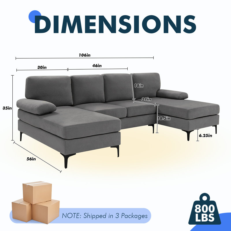Canapé modulaire rembourré en U de 106 po de largeur avec méridienne, Mélange de polyester gris