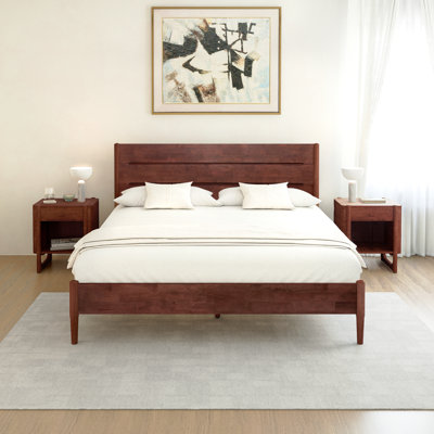 Apollo Queen Bed Frame With Headboard & Round Tapered Legs, Smart Tool-free Set-up Solid Wood Platform Bed Frame