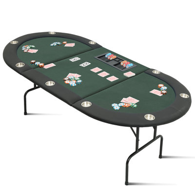 81" 9-Player Foldable Poker Table, Texas Hold'em Blackjack Table, Green, Steel Legs & Deep Cup Holders