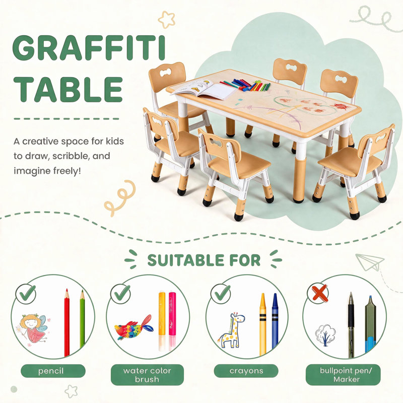 Kids Table and 6 Chairs Set, Height Adjustable Graffiti Desk, Preschool Activity Art Craft Table, for Daycare Classroom Home Boys and Girls Age 3-12 (Beige)