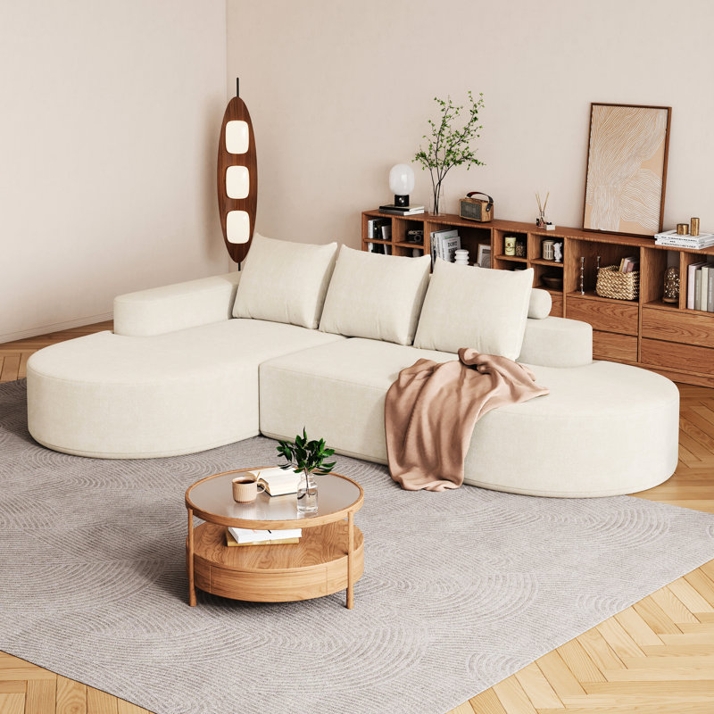 Canapé modulaire rembourré en L 3 places en L avec tissu haute résilience, bords arrondis, coussins décoratifs, siège confortable pour le salon, combinaison, beige, coussins,