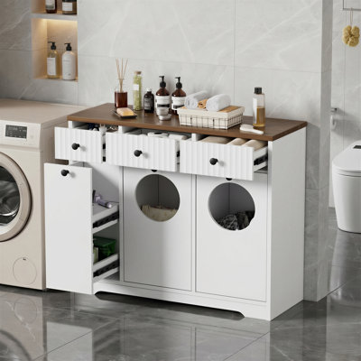 Laundry Hamper Cabinet with Drawers, 2 Removable Laundry Baskets, Slide-Out Hair Dryer Rack, and Laundry Sorter with Drop Holes