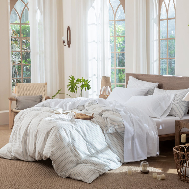 100% Washed Cotton Sheet Set Extra Deep Pocket Linen Like Textured, King Sheet Set with 2 Pillowcases, Bright White