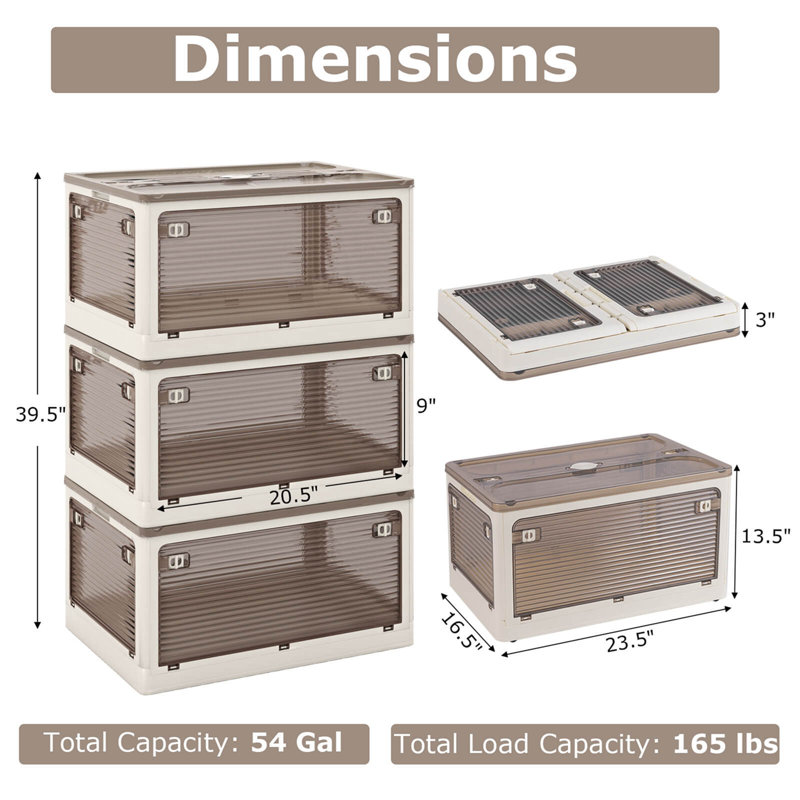 Ensemble de 3 bacs de rangement empilables avec couvercles en plastique pliable 54 gallons
