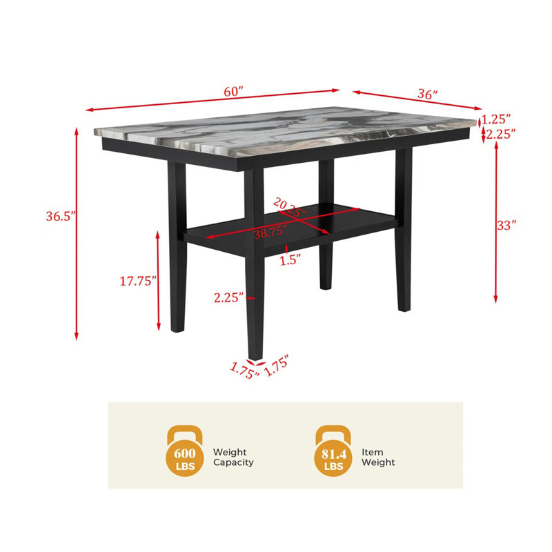 Table de salle à manger de 60 po avec tablette inférieure de rangement, plateau en bois à finition marbre pour la salle à manger de cuisine, noir