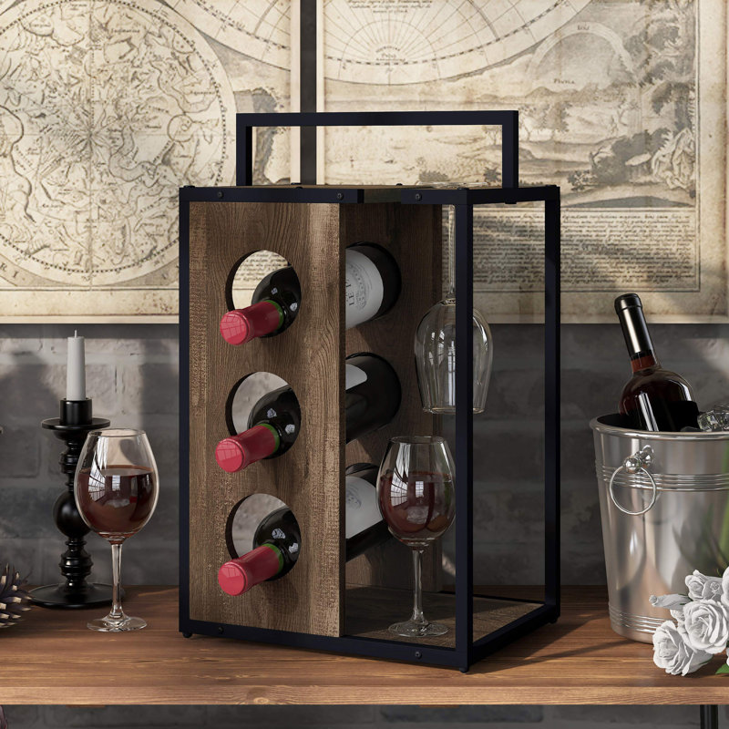 Neill 3 Bottle Tabletop Wine Bottle & Glass Rack in Reclaimed Oak