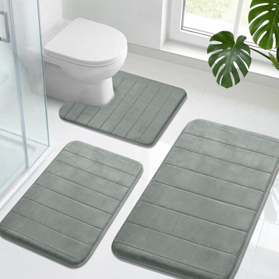 Ensemble de tapis de bain en mousse viscoélastique 3 pièces - Tapis de bain en tissu doux et épais, tapis de bain antidérapant et à séchage rapide pour le plancher de la salle de bain, comprend un grand, petit et tapis de toilette en forme de U (gris)
