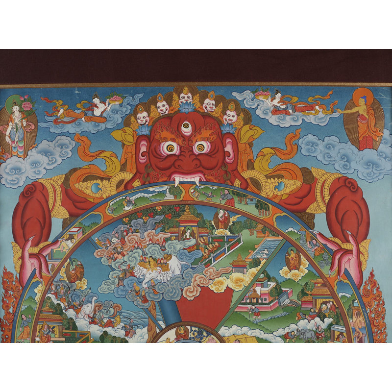 Roue tibétaine de la vie (Brocadeless Thangka) | Aquarelle sur coton