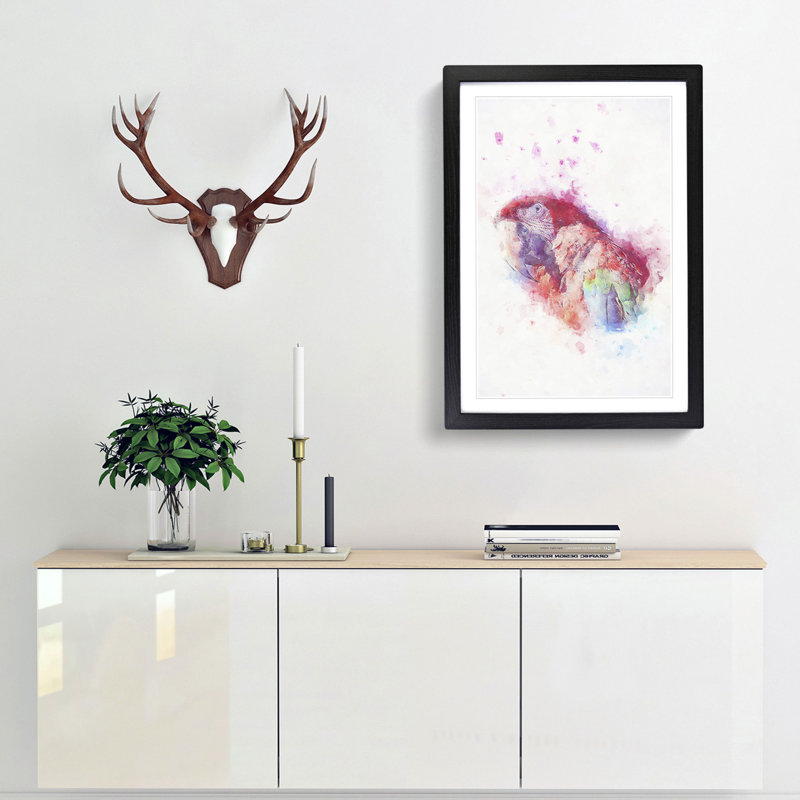 Red Scarlet Macaw Parrot in Abstract - Picture Frame Painting Print, 65cm H x 48cm W x 2cm D, Black Framed