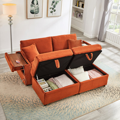 Comfortable Fluffy Corduroy Lazy With Double Ottomans, Table Board, Orange Foam+spring, Storage Space, Oversized Multifunctional , Soft Chaise Lounge Quality Fabric, Multi - Function Armrest And