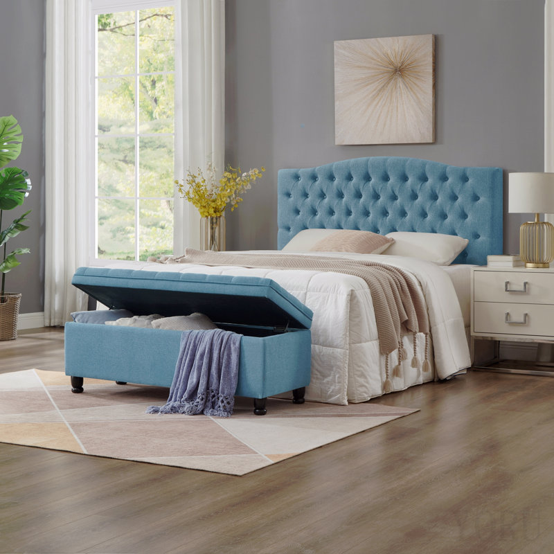 Banc de rangement rembourré capitonné à boutons, banc d'entrée en tissu de lin avec pieds en bois fuselés, banc de lit - bleu clair