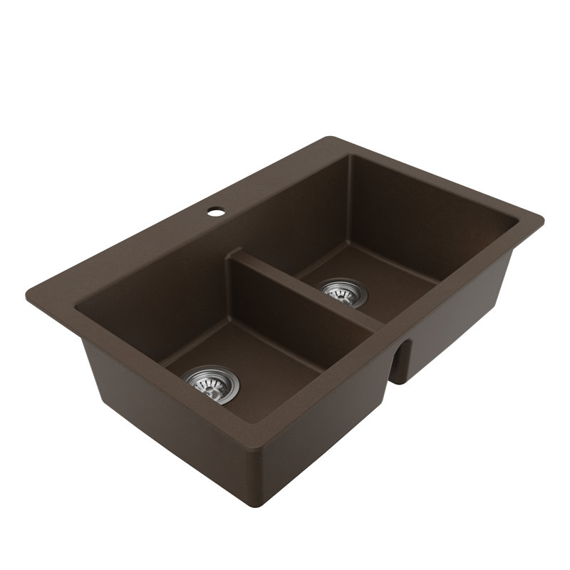 Karran Quartz 33'' X 22'' Double Bowl 50/50 Top Mount Drop-in Kitchen Sink Kit, Brown