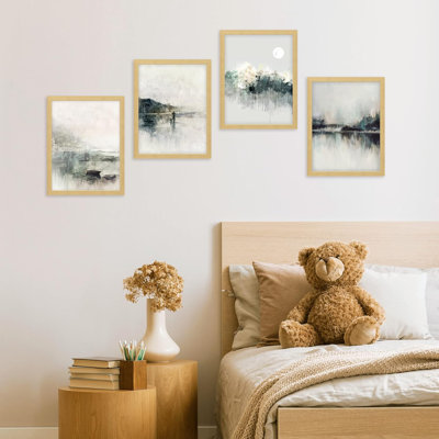 " Misty Mountain Lake Abstract Landscape Framed Office Decor " 4 - Pieces