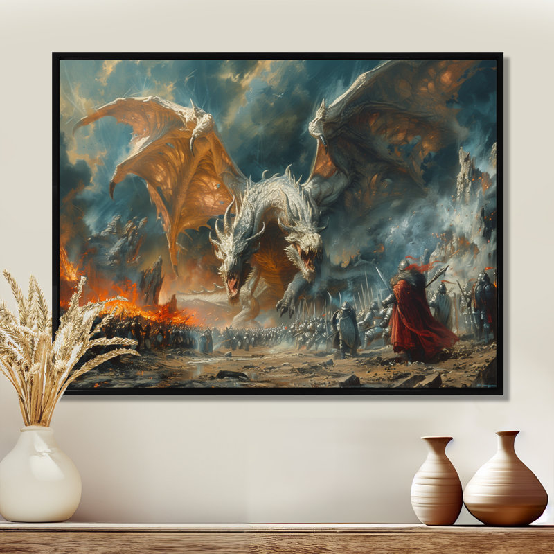 Décoration murale épique entre dragons et militaires II - Dragons, Toile avec cadre flottant noir, H 24 po x l 32 po x P 1 po