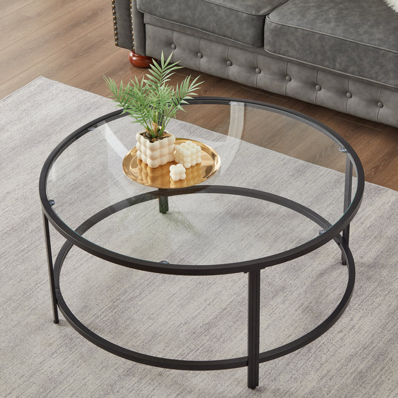Doynton Round Glass Top Coffee Table For Living Room, Black, 35.4, 1-tier