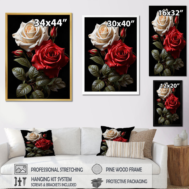 Claria - blanc, rose rouge, éternel amour - impression, H 20 po x l 12 po x P 1 po, Cadre flottant doré