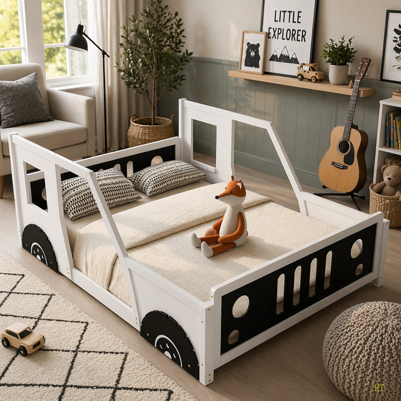 Lit plateforme double classique en forme de voiture avec roues, Double, Blanc