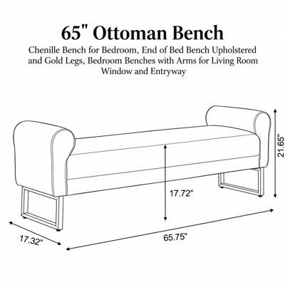 Banc ottoman Pocono en chenille avec pattes en métal doré et accoudoirs carrés