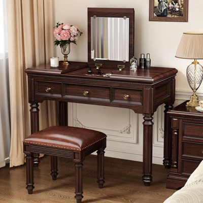 39.37"American-style solid wood brown dressing table with mirror