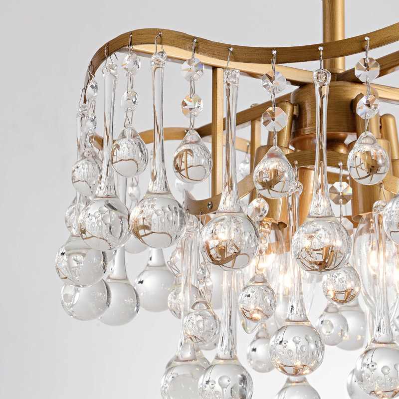 Hilaria 15" Brushed Brass 4-light Glam Crystal Teardrop Tiered Chandelier