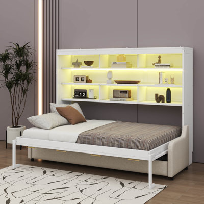 Lit escamotable avec armoire murale Murphy, canapé pliable, supports de rangement intégrés et éclairage DEL