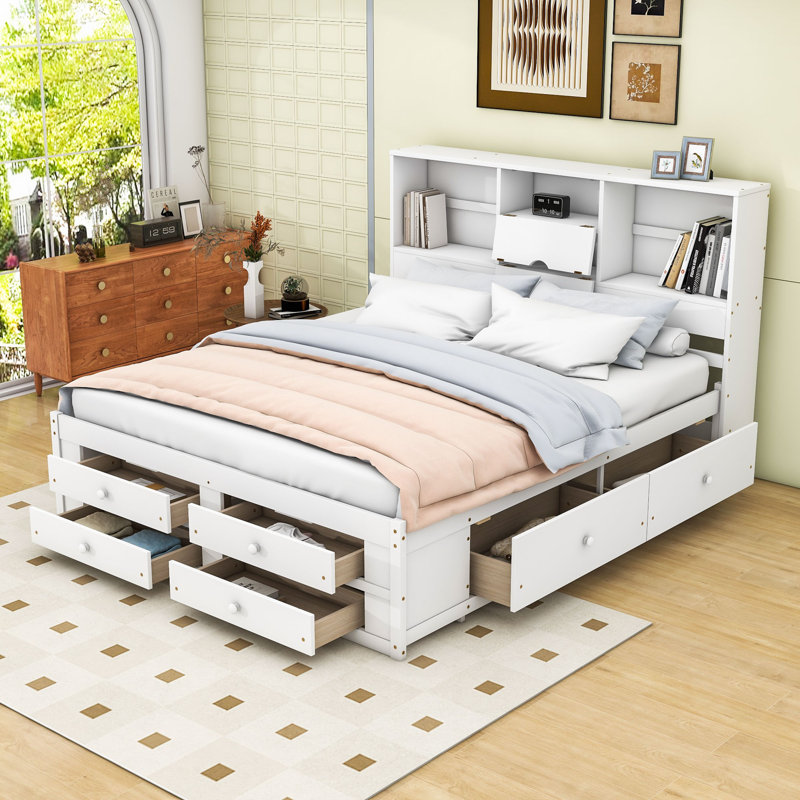 Lit plateforme en bois avec tablettes de rangement et 8 tiroirs Bundrage, Très grand, Blanc