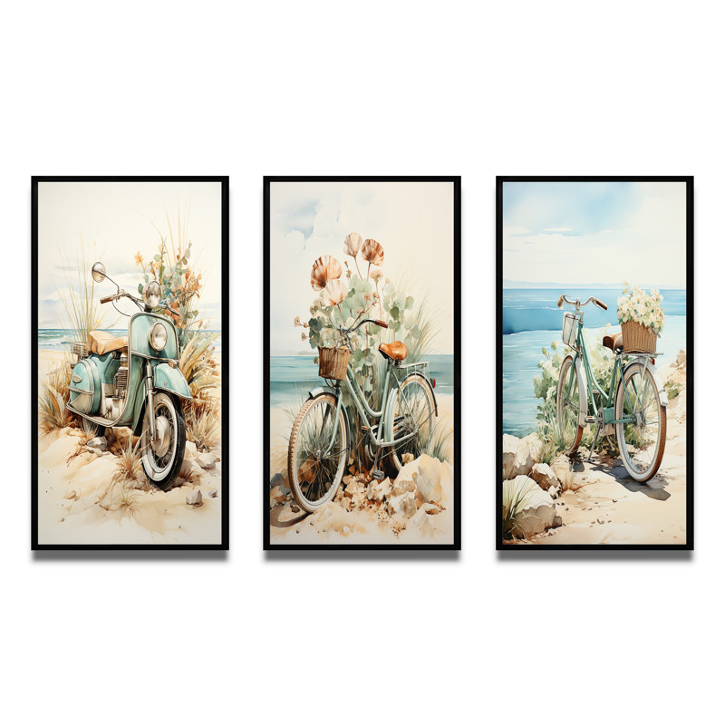 «Blue Moped On The Beach», 3 pièces, Cadre flottant noir, H 40 po x l 60 po